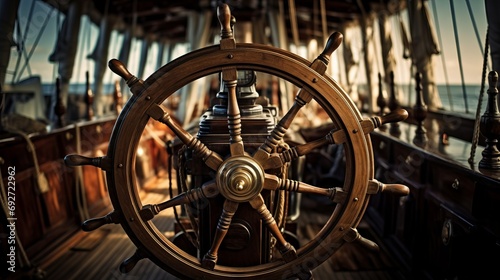 Steering wheel on the deck of a sailing ship at sunset. Generative AI