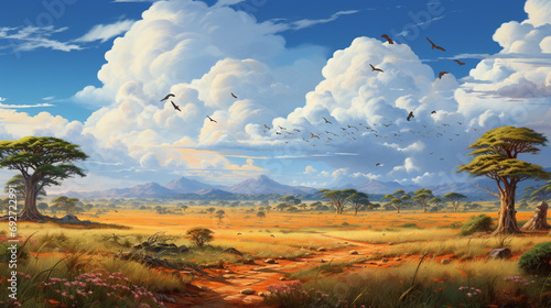 savannah landscape with wide open plains, acacia trees, and roaming herds of wildlife, capturing the essence of the grassland ecosystem