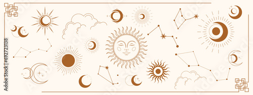 Vector magic seamless pattern with constellations, sun, moon, magic eyes, clouds and stars. Mystical esoteric background for design of fabric, packaging, phone case and your design. Vector EPS 10