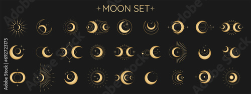 Circle pattern set with clouds, moon, sun, stars. The sun, moon phases, crystals, magic symbols. Vector collection in oriental chinese, japanese, korean style. Line hand drawn illustration EPS 10 photo