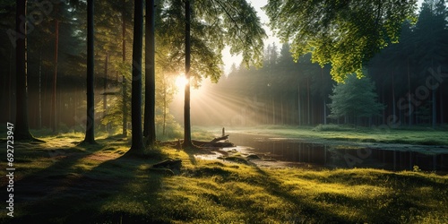Captivating shot of a serene, untouched forest landscape bathed in morning light , concept of Majestic scenery