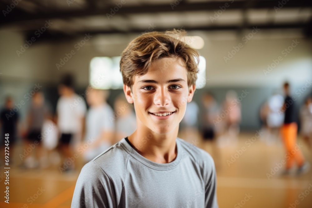 Fototapeta premium Portrait of teenage boy in gym class