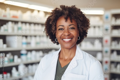 Portrait of a female pharmacist in pharmacy drugstore