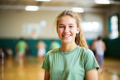 Portrait of teenage girl in gym class photo