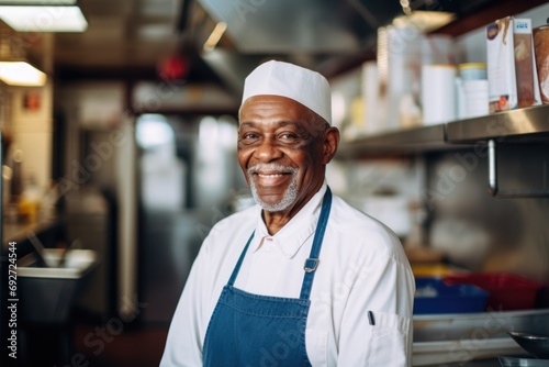 Smiling portrait of senior chef in professional kitchen