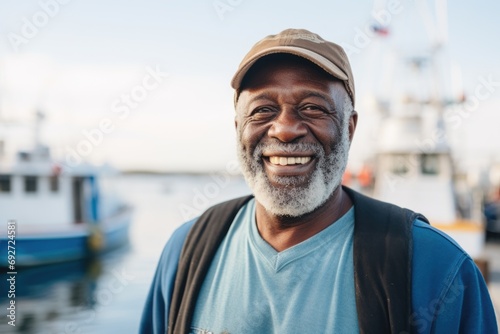 Smiling portrait of senior fisherman at harbor
