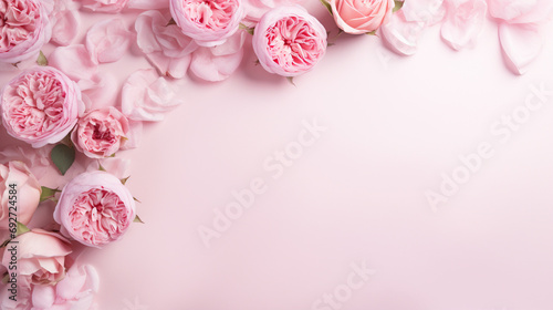 Beautiful top view photo of pink peony roses and whimsical sprinkles arranged on an isolated pastel pink surface, presenting a visually enchanting composition with a clean and inviting blank space.