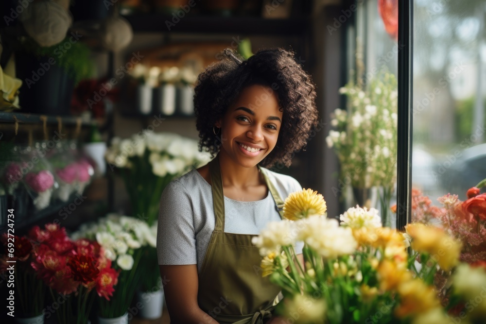 Portrait of smiling young female florist in flowershop