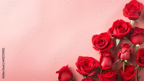 Captivating top view of vibrant red roses on a soft pale red backdrop  offering a striking and elegant aesthetic with ample copyspace  