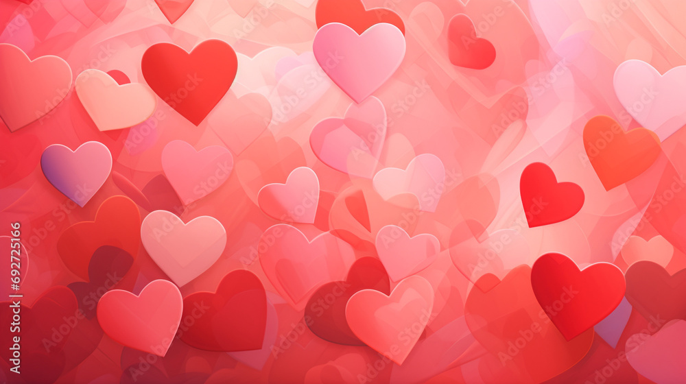 Close-up snapshot of an abstract background featuring a playful mix of red and pink hearts on a subtle pink surface, creating an enchanting visual display.