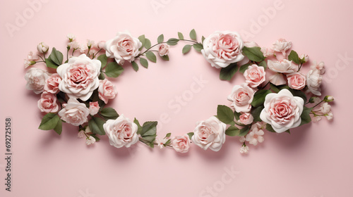 Close-up snapshot of a frame made of delicate rose flowers and verdant leaves, set against a lovely pink background for a visually enchanting display.