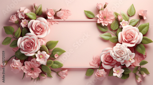 Close-up snapshot of a frame made of delicate rose flowers and lush green leaves, creating a stunning visual against a soft pink background.