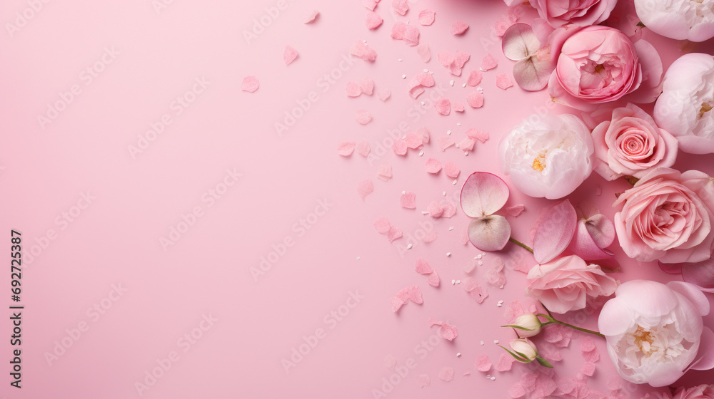 Delightful top view photograph highlighting the elegance of pink peony roses and whimsical sprinkles on an isolated pastel pink background,
