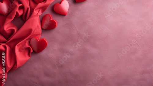 Detailed shot highlighting the elegance of red silk hearts arranged on a pink concrete background, capturing the beauty of this romantic and visually appealing composition in high definition.