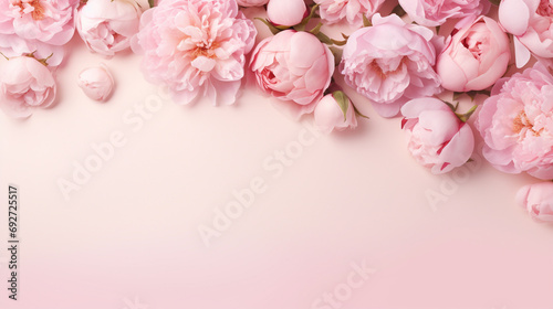 Elegant top view image showcasing the grace of pink peony rose buds and carefully placed sprinkles on a soft pastel pink background