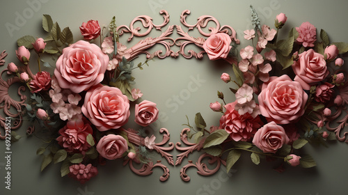 A captivating display featuring a frame crafted from the timeless beauty of rose flowers and verdant leaves against a subtle pink background, exuding natural charm.