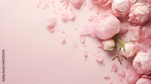 Elegant top view image showcasing the beauty of budding pink peony rose buds and artistic sprinkles on a soft pastel pink background,
