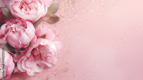 Elegant top view image showcasing the beauty of pink peony roses and artistic sprinkles on a soft pastel pink background, 