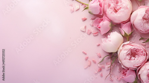 Elegant top view image showcasing the grace of pink peony rose buds and carefully placed sprinkles on a soft pastel pink background,