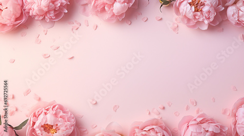 Elegant top view image showcasing the beauty of pink peony roses and artistic sprinkles on a soft pastel pink background, 