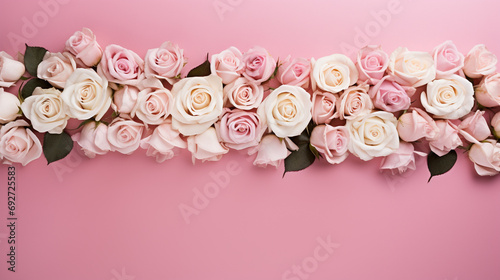 Elegant top view of pink and white roses meticulously arranged on a pink background, offering a captivating and timeless image with copyspace, showcasing the grace of these floral wonders.
