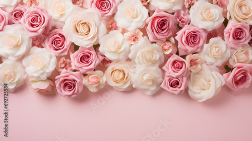 Elegant top view of pink and white roses meticulously arranged on a pink background, offering a captivating and timeless image with copyspace, showcasing the grace of these floral wonders.