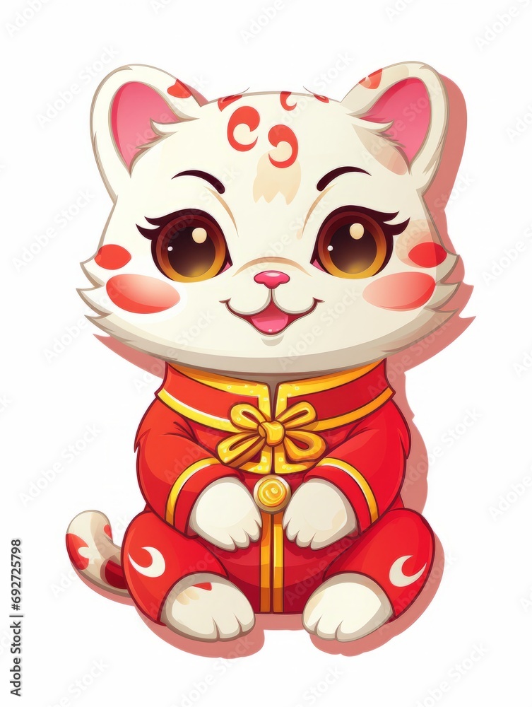 Cartoon sticker sweet kitten dressed in a red Chinese kimono, AI Cartoon sticker sweet kitten dressed in a red Chinese kimono, AI