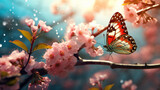 A magical moment in a beautiful spring meadow, with a branch adorned in full bloom and an exotic butterfly gracing the scene, 