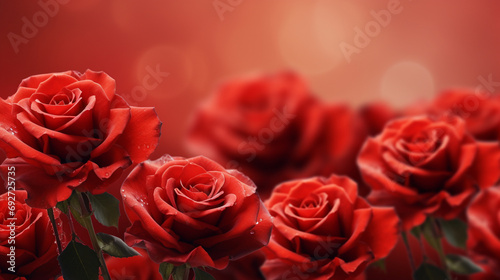 Enchanting display of red roses on a pale red background, offering a captivating and timeless image with copyspace, 