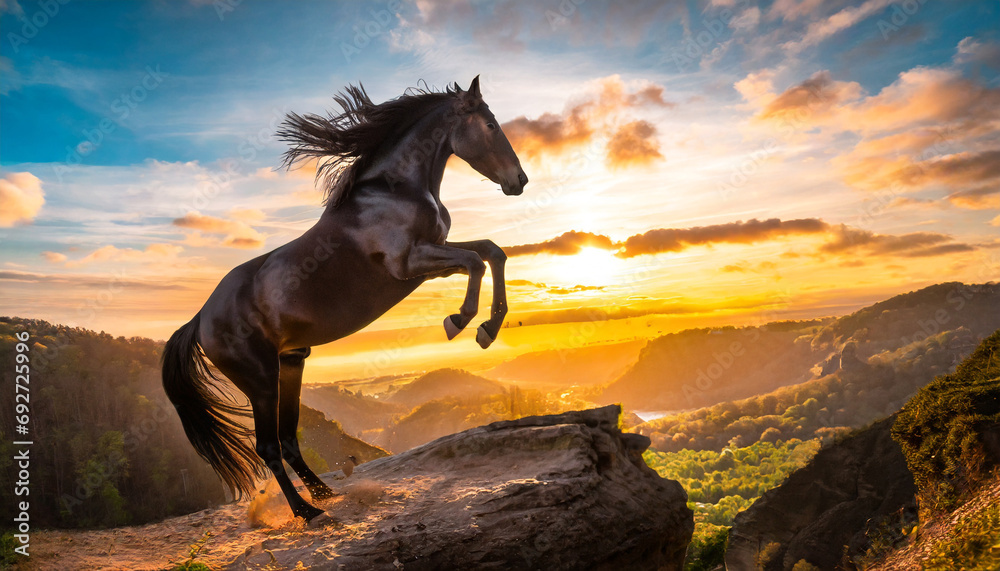 Czarny koń skaczący nad urwiskiem, magiczna godzina, piękne kolory dnia
