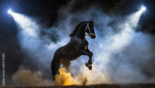 Czarny koń stający dęba i wynurzający się w świetle z kłębów dymu i kurzu #692725981