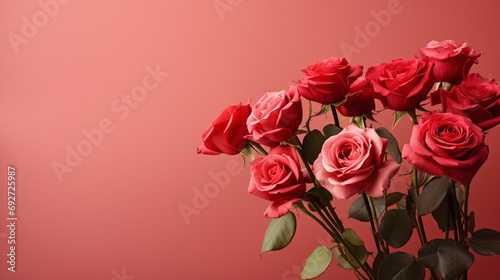 Graceful composition of red roses set against a soft pale red background 
