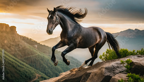 Czarny koń skaczący nad urwiskiem, magiczna godzina, piękne kolory dnia © martinez80