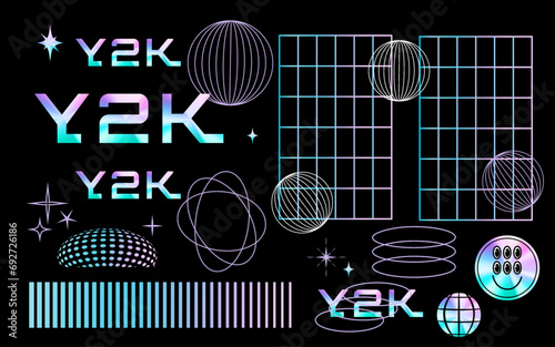 A set of holographic stickers and 3D wireframe shapes. Gradient. Retro y2k stickers. Rave posters and elements and symbols. Social network. Vector stock illustration. Black background. Isolated. Flyer