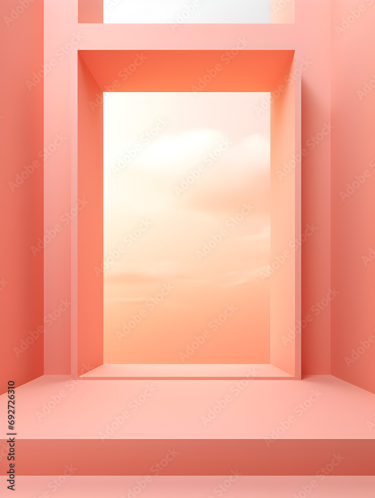 Minimalistic mock up frame background in pastel peach fuzz color, product presentation concept 
