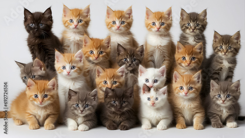 many cute friendly funny fluffy kittens on a light background