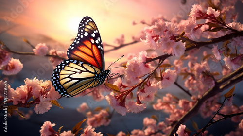 Serene and picturesque, a stunning spring meadow unfolds with blossoming branches and the enchanting presence of an exotic butterfly, all artistically framed through the lens of an HD camera.