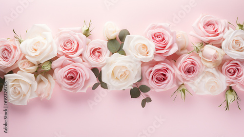 Serene top view of pink and white roses carefully arranged on a pastel pink backdrop  providing a delightful and visually appealing image with copyspace 