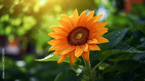 Single sunflower delicately placed in its natural environment  surrounded by the lushness of nature  captured in high definition to reveal the intricate details of its petals.