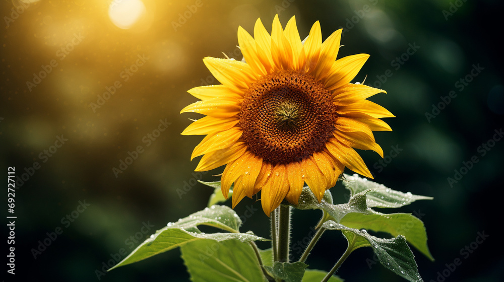 Fototapeta premium Solitary sunflower bathed in natural light, positioned against a backdrop of green leaves, creating a peaceful and aesthetically pleasing image captured in high definition.