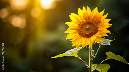 Solitary sunflower elegantly positioned against a natural backdrop, its vibrant colors highlighted by the sunlight, creating a visually pleasing and tranquil image in high definition. © Zeeshan Qazi