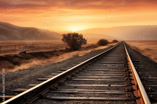 Railroad in motion at sunset