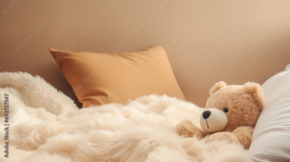 Toy bear on a plush white bed with a tan pillow