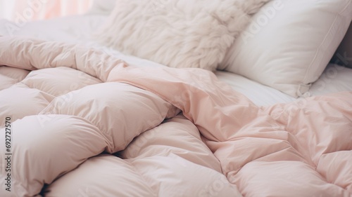 Cozy bed with fluffy pink bedding