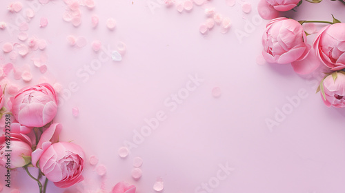 Whimsical top view capture of budding pink peony rose buds and artfully arranged sprinkles on a gentle pastel pink surface, providing a delightful and sophisticated image with ample copyspace. © Zeeshan Qazi