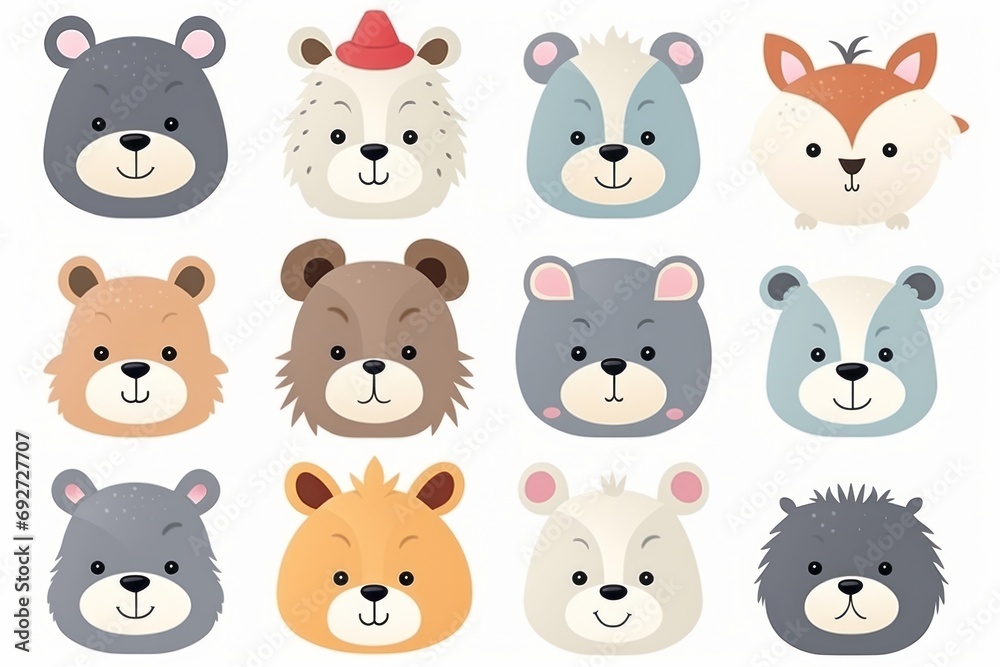 Funny cute bears and animals on a white background, illustration
