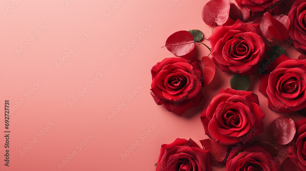 Whimsical top view of red roses on a pastel red background, providing a dreamy and enchanting image with copyspace, capturing the essence of nature's beauty in high definition. Whimsical top view of red roses on a pastel red background, providing a dreamy and enchanting image with copyspace, capturing the essence of nature's beauty in high definition.