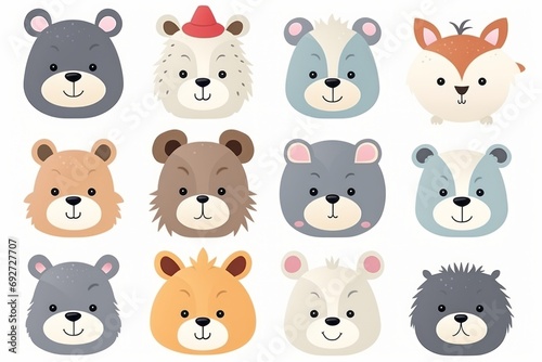 Funny cute bears and animals on a white background, illustration