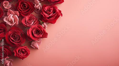 Whimsical top view of red roses on a pastel red background  providing a dreamy and enchanting image with copyspace  capturing the essence of nature s beauty in high definition.