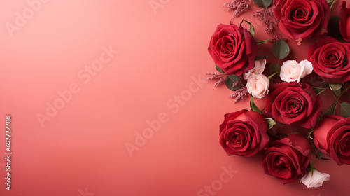 Whimsical top view of red roses on a pastel red background  providing a dreamy and enchanting image with copyspace  capturing the essence of nature s beauty in high definition.